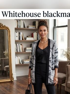 White House Black Market Black and Gray Fuzzy Animal-Print Cardigan